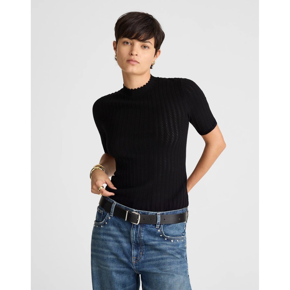 Madewell Pointelle-Stitch Mockneck Sweater Tee Abyss Black XS NWT